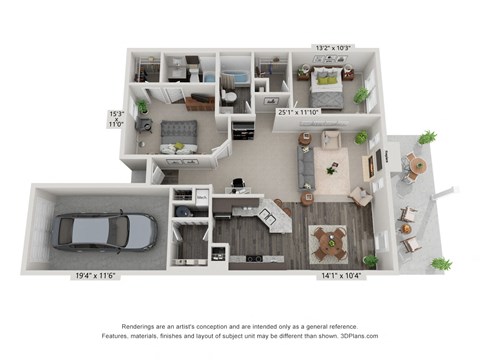 Floor plan for 2 beds, 2 baths, 1197 sqft